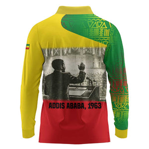 Ethiopia Haile Selassie I Long Sleeve Polo Shirt with Addis Ababa 1963 Speech Quote Pan-African Flag Colors and Kente Pattern