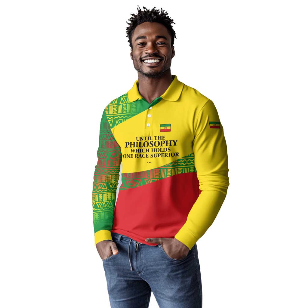 Ethiopia Haile Selassie I Long Sleeve Polo Shirt with Addis Ababa 1963 Speech Quote Pan-African Flag Colors and Kente Pattern