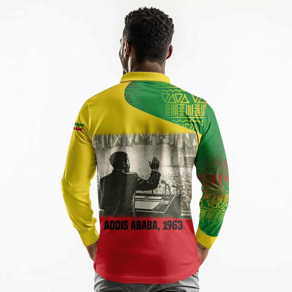 Ethiopia Haile Selassie I Long Sleeve Polo Shirt with Addis Ababa 1963 Speech Quote Pan-African Flag Colors and Kente Pattern