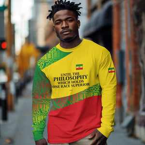 Ethiopia Haile Selassie I Long Sleeve Shirt with Addis Ababa 1963 Speech Quote Pan-African Flag Colors and Kente Pattern