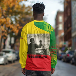 Ethiopia Haile Selassie I Long Sleeve Shirt with Addis Ababa 1963 Speech Quote Pan-African Flag Colors and Kente Pattern