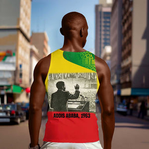 Ethiopia Haile Selassie I Men Tank Top with Addis Ababa 1963 Speech Quote Pan-African Flag Colors and Kente Pattern