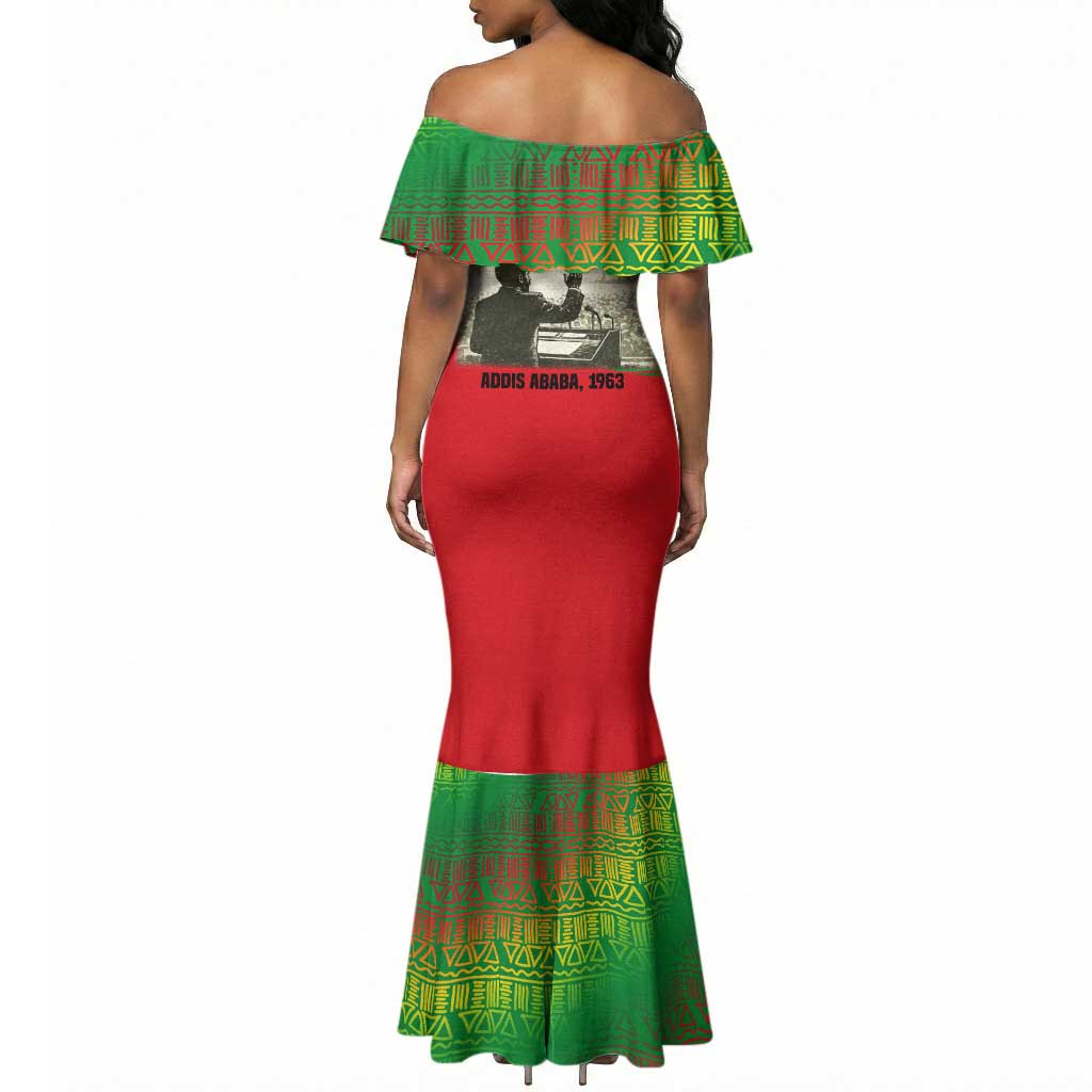 Ethiopia Haile Selassie I Mermaid Dress with Addis Ababa 1963 Speech Quote Pan-African Flag Colors and Kente Pattern