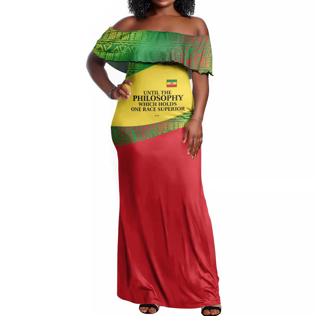 Ethiopia Haile Selassie I Off Shoulder Maxi Dress with Addis Ababa 1963 Speech Quote Pan-African Flag Colors and Kente Pattern