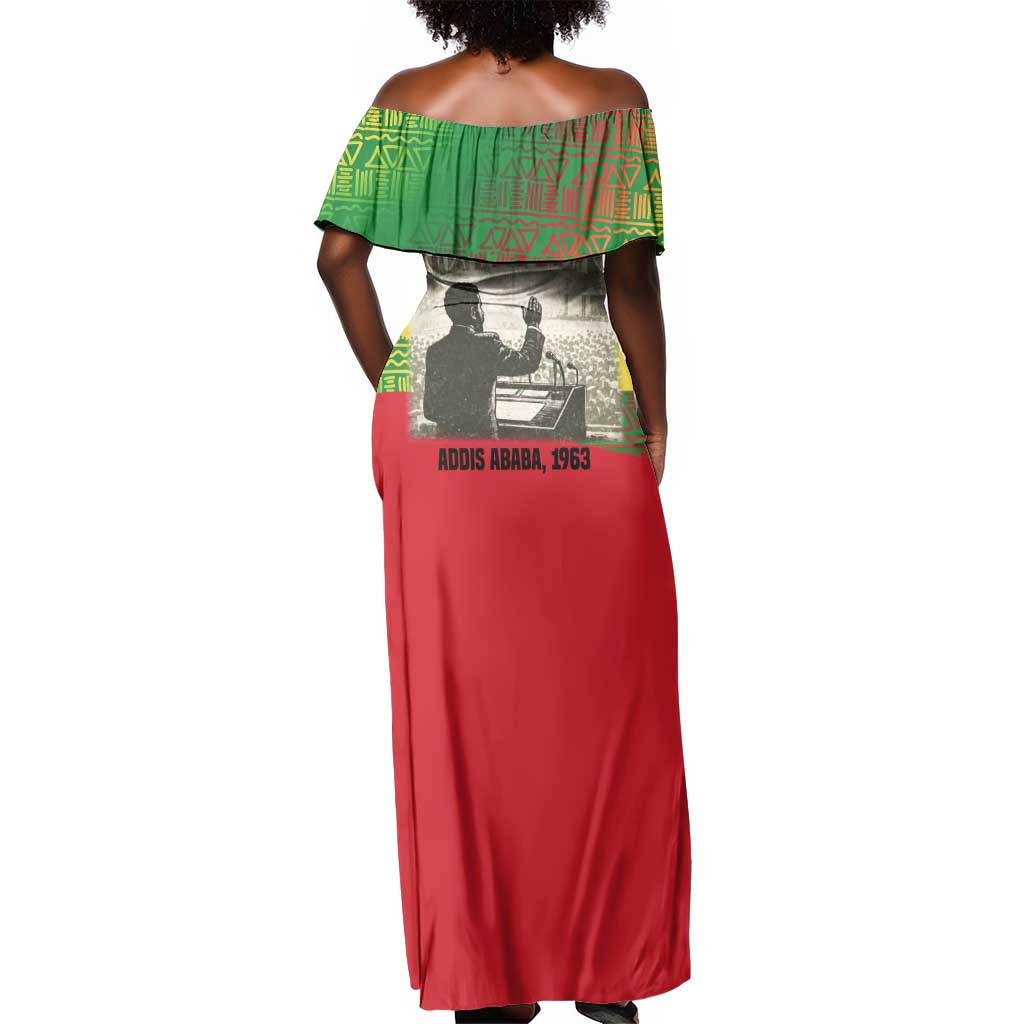 Ethiopia Haile Selassie I Off Shoulder Maxi Dress with Addis Ababa 1963 Speech Quote Pan-African Flag Colors and Kente Pattern
