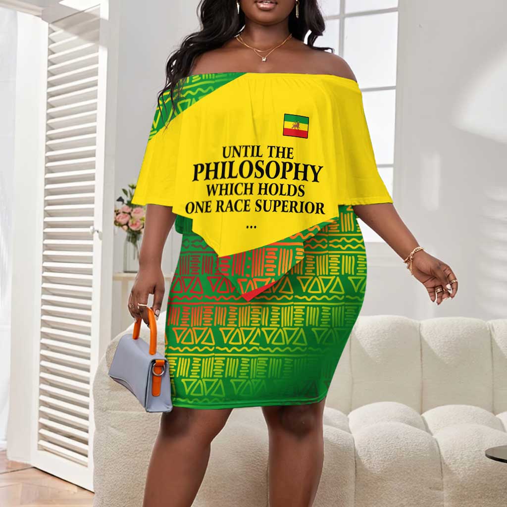 Ethiopia Haile Selassie I Off Shoulder Short Dress with Addis Ababa 1963 Speech Quote Pan-African Flag Colors and Kente Pattern