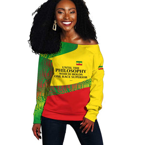 Ethiopia Haile Selassie I Off Shoulder Sweater with Addis Ababa 1963 Speech Quote Pan-African Flag Colors and Kente Pattern