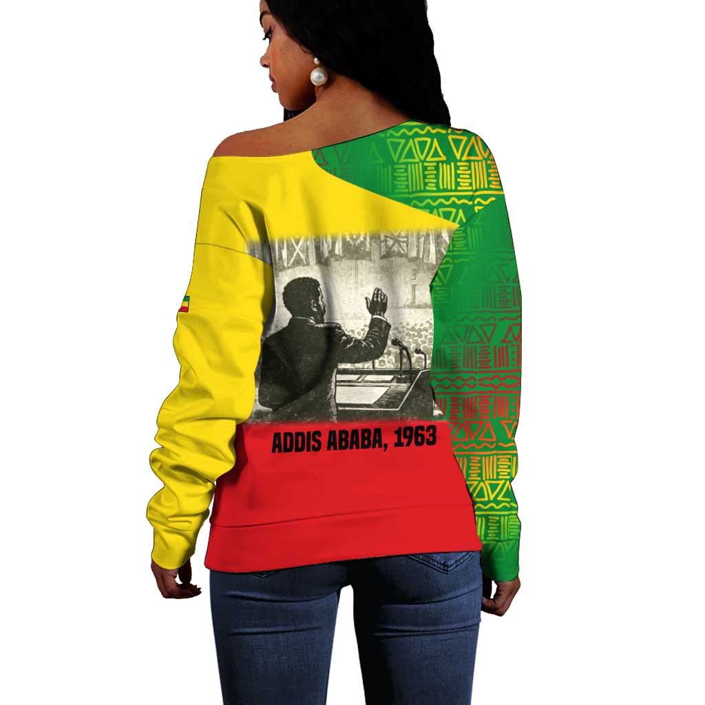 Ethiopia Haile Selassie I Off Shoulder Sweater with Addis Ababa 1963 Speech Quote Pan-African Flag Colors and Kente Pattern