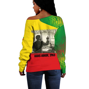 Ethiopia Haile Selassie I Off Shoulder Sweater with Addis Ababa 1963 Speech Quote Pan-African Flag Colors and Kente Pattern