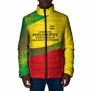 Ethiopia Haile Selassie I Padded Jacket with Addis Ababa 1963 Speech Quote Pan-African Flag Colors and Kente Pattern