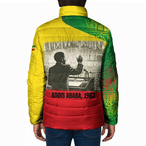 Ethiopia Haile Selassie I Padded Jacket with Addis Ababa 1963 Speech Quote Pan-African Flag Colors and Kente Pattern