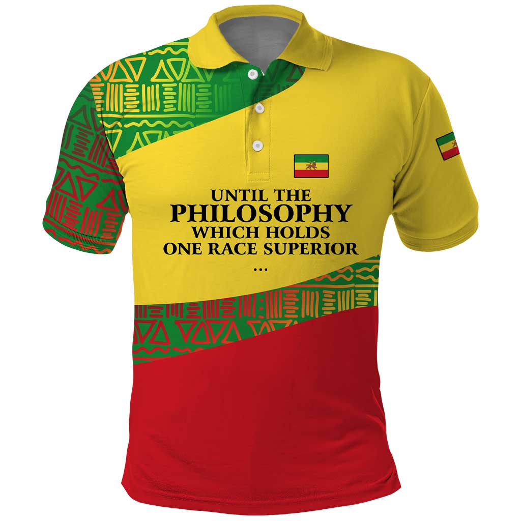 Ethiopia Haile Selassie I Polo Shirt with Addis Ababa 1963 Speech Quote Pan-African Flag Colors and Kente Pattern