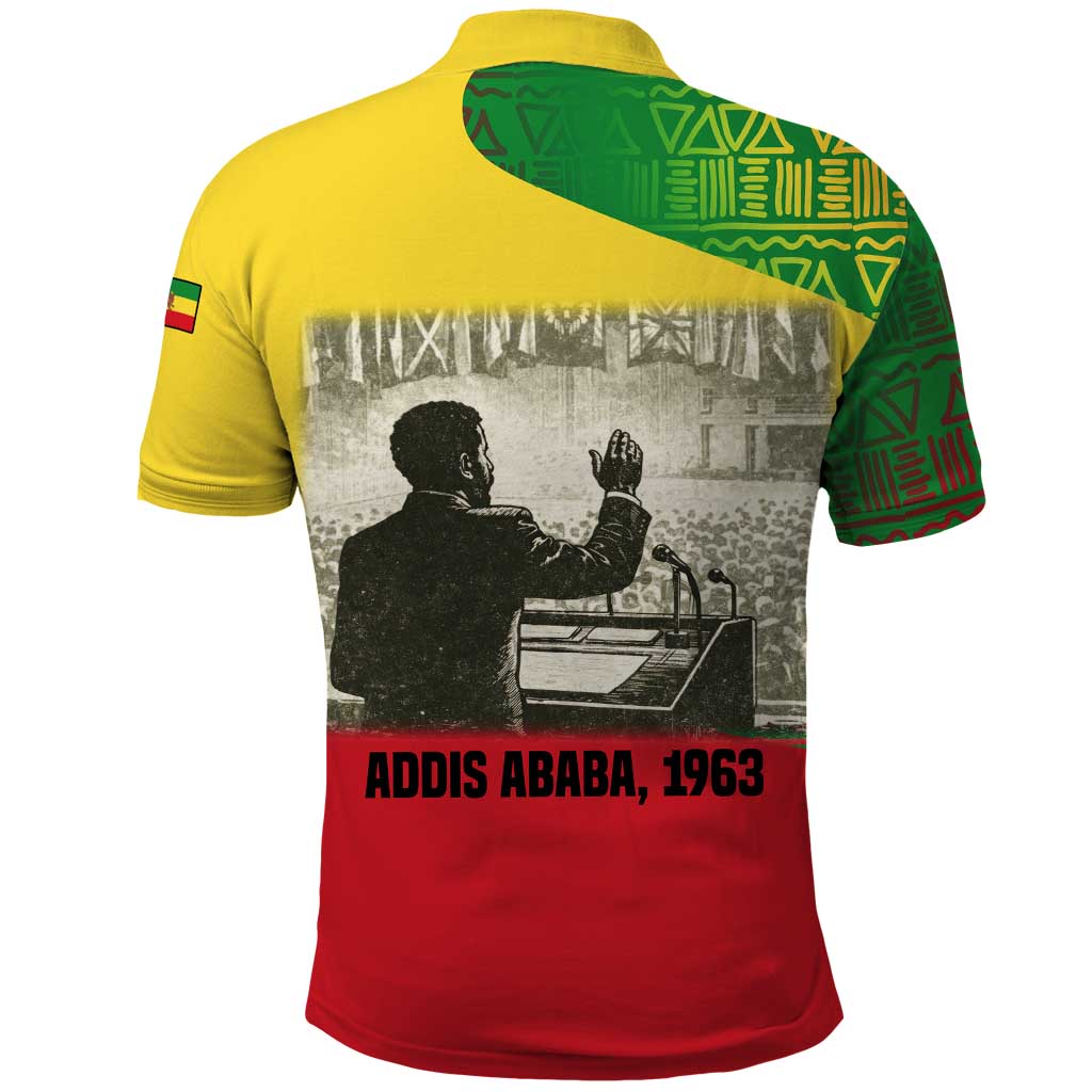 Ethiopia Haile Selassie I Polo Shirt with Addis Ababa 1963 Speech Quote Pan-African Flag Colors and Kente Pattern