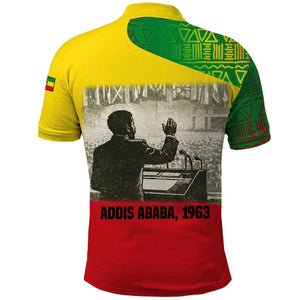 Ethiopia Haile Selassie I Polo Shirt with Addis Ababa 1963 Speech Quote Pan-African Flag Colors and Kente Pattern