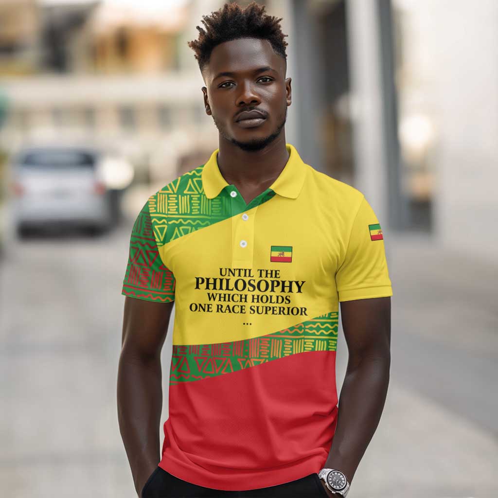 Ethiopia Haile Selassie I Polo Shirt with Addis Ababa 1963 Speech Quote Pan-African Flag Colors and Kente Pattern