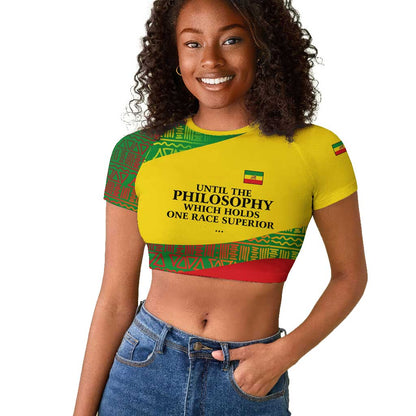 Ethiopia Haile Selassie I Raglan Cropped T shirt with Addis Ababa 1963 Speech Quote Pan-African Flag Colors and Kente Pattern