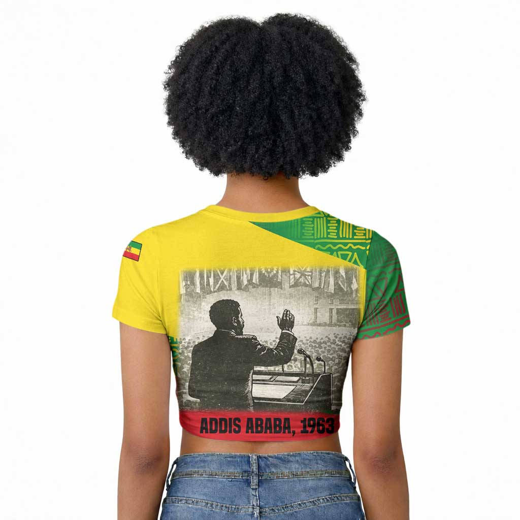 Ethiopia Haile Selassie I Raglan Cropped T shirt with Addis Ababa 1963 Speech Quote Pan-African Flag Colors and Kente Pattern