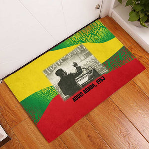 Ethiopia Haile Selassie I Rubber Doormat with Addis Ababa 1963 Speech Quote Pan-African Flag Colors and Kente Pattern - African Pride
