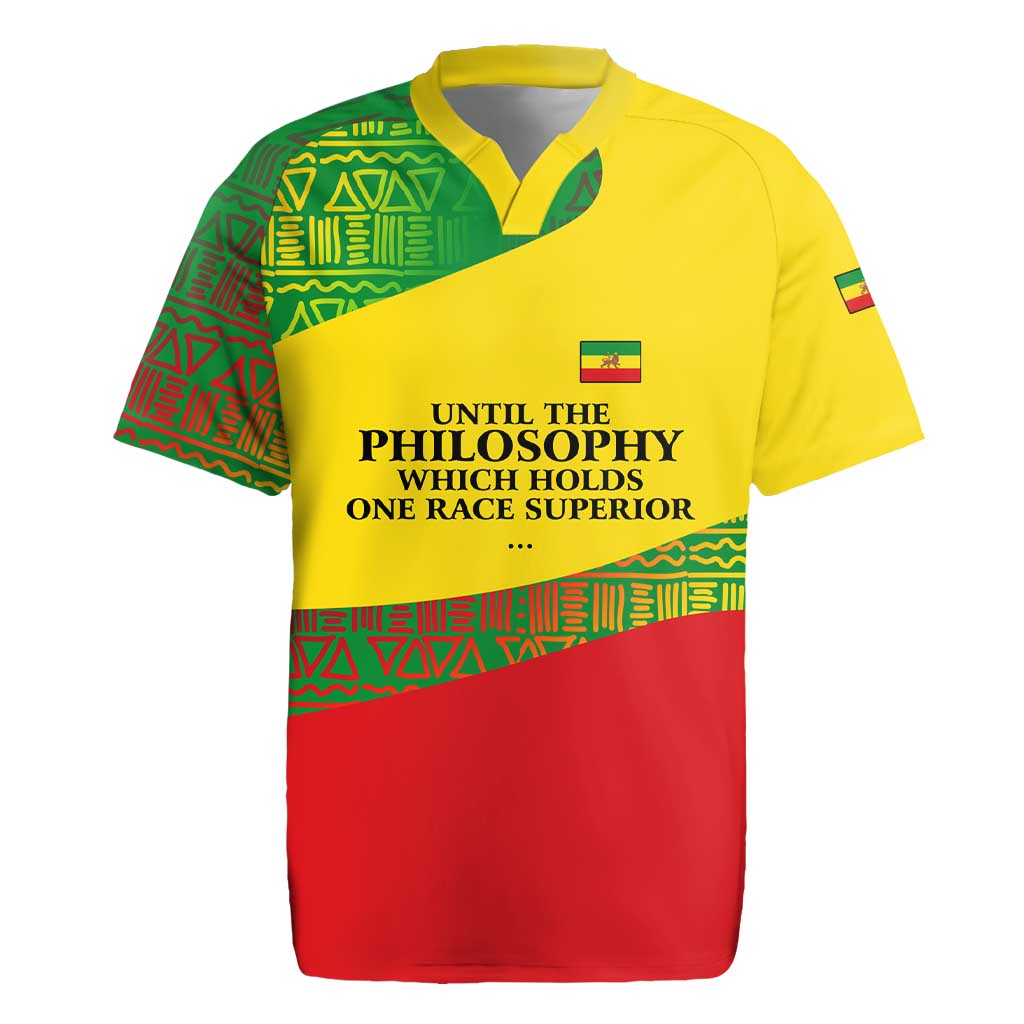 Ethiopia Haile Selassie I Rugby Jersey with Addis Ababa 1963 Speech Quote Pan-African Flag Colors and Kente Pattern