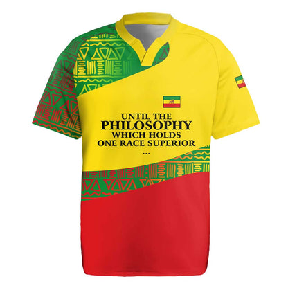 Ethiopia Haile Selassie I Rugby Jersey with Addis Ababa 1963 Speech Quote Pan-African Flag Colors and Kente Pattern