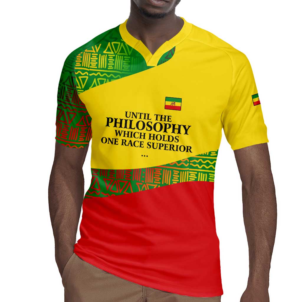 Ethiopia Haile Selassie I Rugby Jersey with Addis Ababa 1963 Speech Quote Pan-African Flag Colors and Kente Pattern