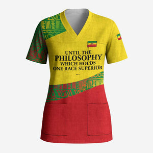 Ethiopia Haile Selassie I Scrub Top with Addis Ababa 1963 Speech Quote Pan-African Flag Colors and Kente Pattern