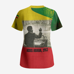 Ethiopia Haile Selassie I Scrub Top with Addis Ababa 1963 Speech Quote Pan-African Flag Colors and Kente Pattern