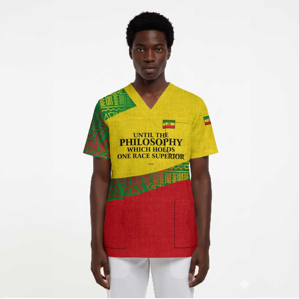 Ethiopia Haile Selassie I Scrub Top with Addis Ababa 1963 Speech Quote Pan-African Flag Colors and Kente Pattern