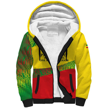 Ethiopia Haile Selassie I Sherpa Hoodie with Addis Ababa 1963 Speech Quote Pan-African Flag Colors and Kente Pattern