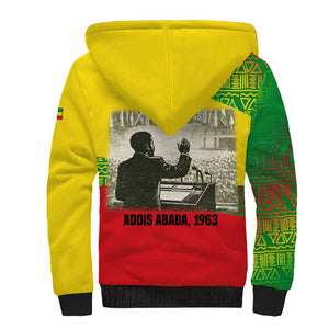 Ethiopia Haile Selassie I Sherpa Hoodie with Addis Ababa 1963 Speech Quote Pan-African Flag Colors and Kente Pattern