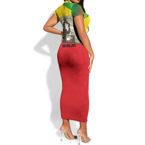 Ethiopia Haile Selassie I Short Sleeve Bodycon Dress with Addis Ababa 1963 Speech Quote Pan-African Flag Colors and Kente Pattern