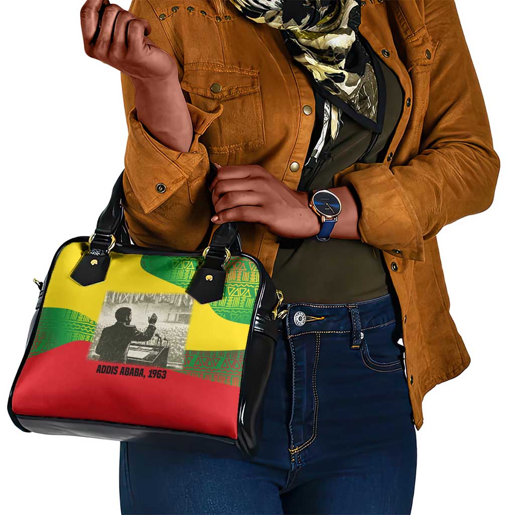 Ethiopia Haile Selassie I Shoulder Handbag with Addis Ababa 1963 Speech Quote Pan-African Flag Colors and Kente Pattern - African Pride
