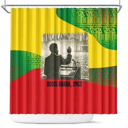 Ethiopia Haile Selassie I Shower Curtain with Addis Ababa 1963 Speech Quote Pan-African Flag Colors and Kente Pattern - African Pride