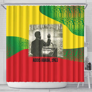 Ethiopia Haile Selassie I Shower Curtain with Addis Ababa 1963 Speech Quote Pan-African Flag Colors and Kente Pattern - African Pride