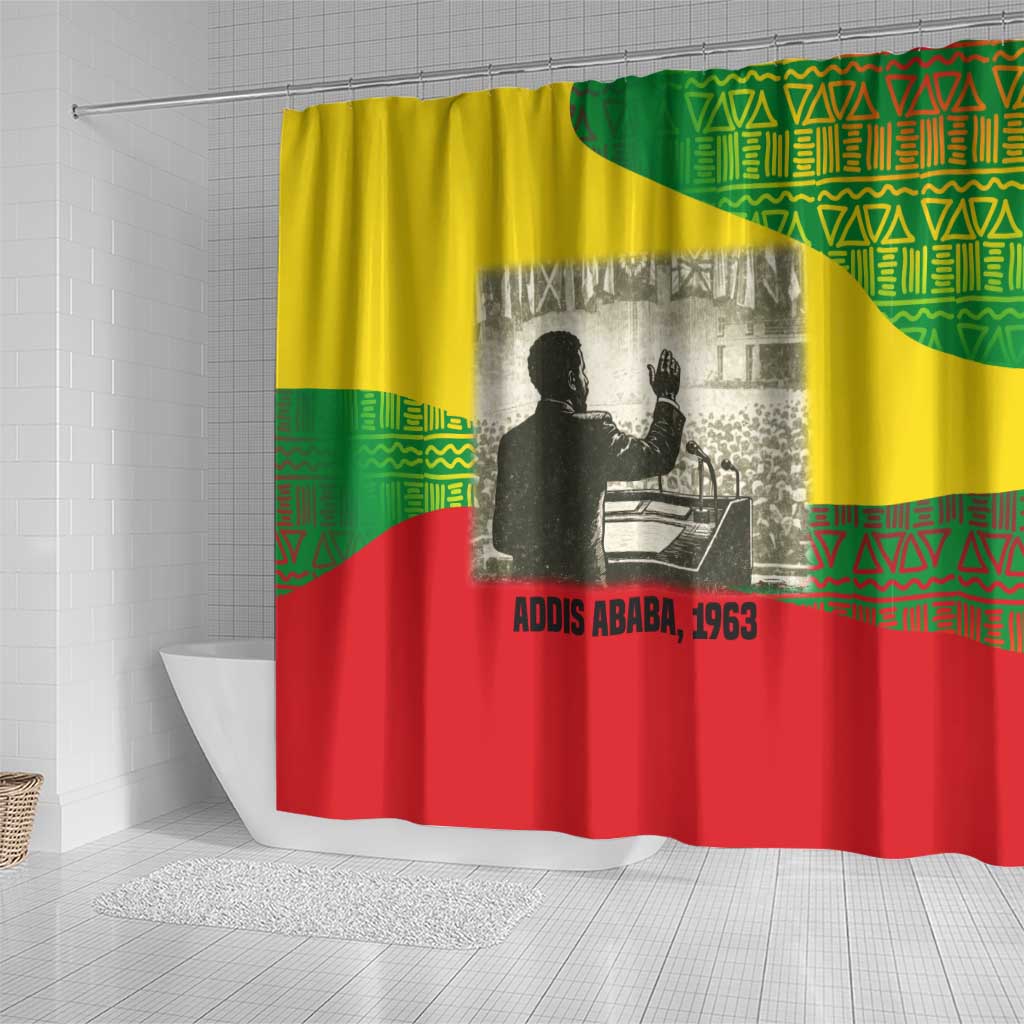 Ethiopia Haile Selassie I Shower Curtain with Addis Ababa 1963 Speech Quote Pan-African Flag Colors and Kente Pattern - African Pride