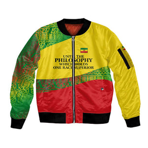 Ethiopia Haile Selassie I Sleeve Zip Bomber Jacket with Addis Ababa 1963 Speech Quote Pan-African Flag Colors and Kente Pattern