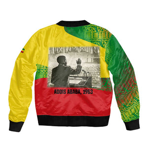 Ethiopia Haile Selassie I Sleeve Zip Bomber Jacket with Addis Ababa 1963 Speech Quote Pan-African Flag Colors and Kente Pattern