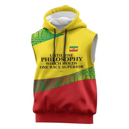 Ethiopia Haile Selassie I Sleeveless Hoodie with Addis Ababa 1963 Speech Quote Pan-African Flag Colors and Kente Pattern