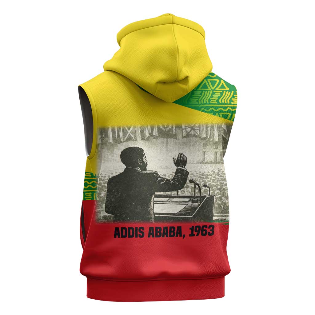 Ethiopia Haile Selassie I Sleeveless Hoodie with Addis Ababa 1963 Speech Quote Pan-African Flag Colors and Kente Pattern