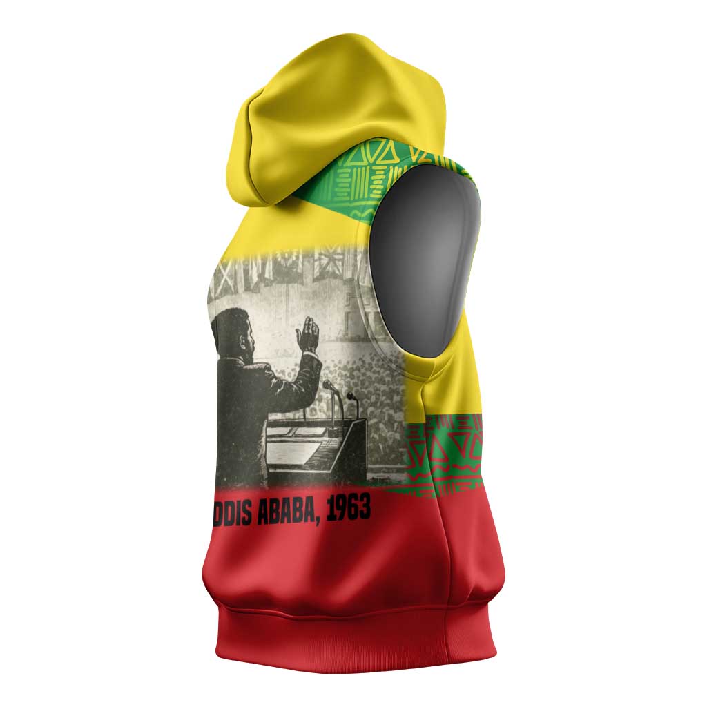 Ethiopia Haile Selassie I Sleeveless Hoodie with Addis Ababa 1963 Speech Quote Pan-African Flag Colors and Kente Pattern
