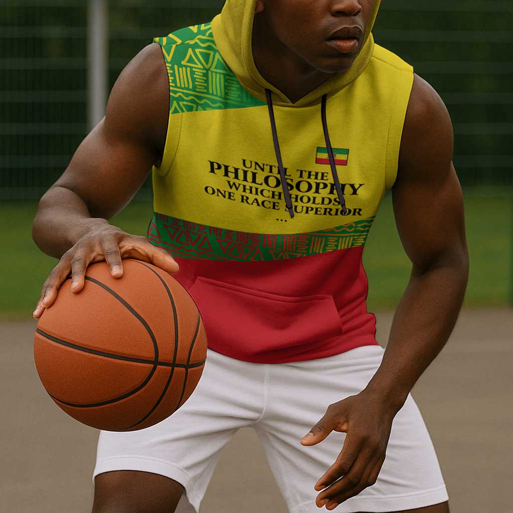 Ethiopia Haile Selassie I Sleeveless Hoodie with Addis Ababa 1963 Speech Quote Pan-African Flag Colors and Kente Pattern