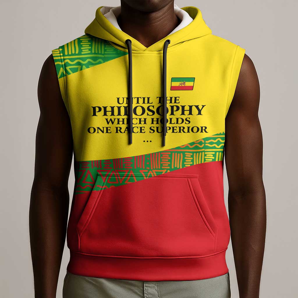 Ethiopia Haile Selassie I Sleeveless Hoodie with Addis Ababa 1963 Speech Quote Pan-African Flag Colors and Kente Pattern