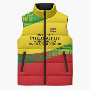 Ethiopia Haile Selassie I Sleeveless Puffer Jacket with Addis Ababa 1963 Speech Quote Pan-African Flag Colors and Kente Pattern