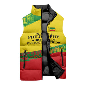 Ethiopia Haile Selassie I Sleeveless Puffer Jacket with Addis Ababa 1963 Speech Quote Pan-African Flag Colors and Kente Pattern