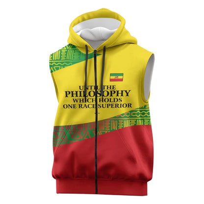 Ethiopia Haile Selassie I Sleeveless Zip Hoodie with Addis Ababa 1963 Speech Quote Pan-African Flag Colors and Kente Pattern