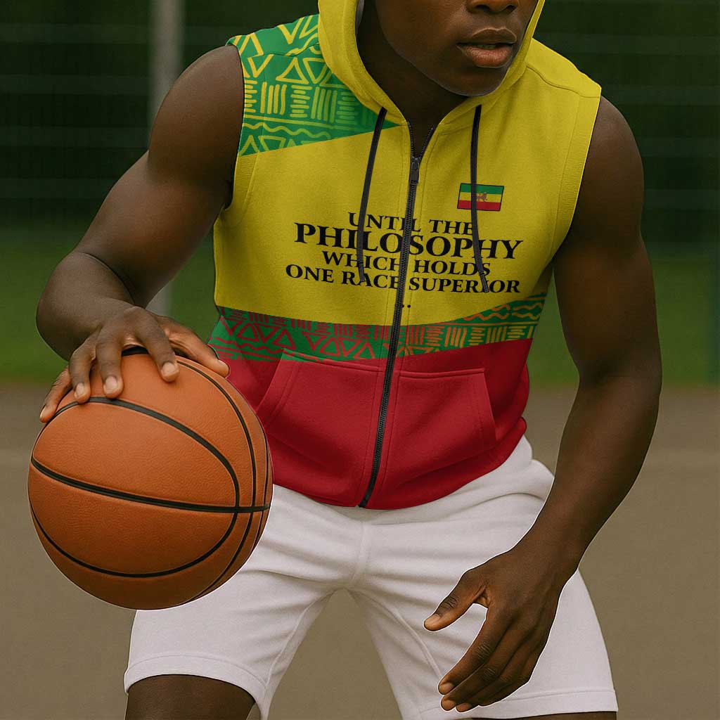 Ethiopia Haile Selassie I Sleeveless Zip Hoodie with Addis Ababa 1963 Speech Quote Pan-African Flag Colors and Kente Pattern