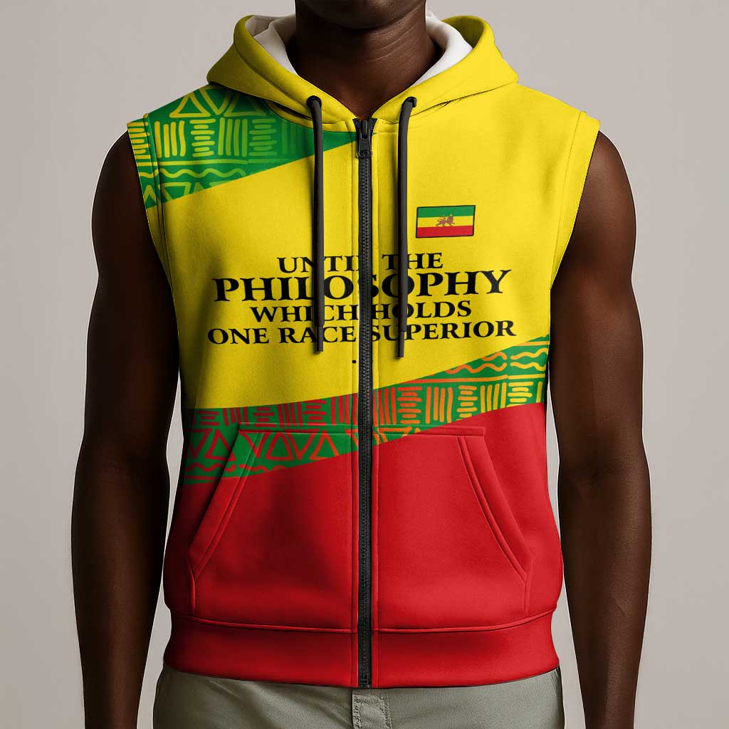 Ethiopia Haile Selassie I Sleeveless Zip Hoodie with Addis Ababa 1963 Speech Quote Pan-African Flag Colors and Kente Pattern