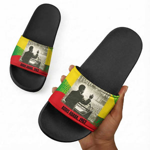 Ethiopia Haile Selassie I Slide Sandals with Addis Ababa 1963 Speech Quote Pan-African Flag Colors and Kente Pattern - African Pride