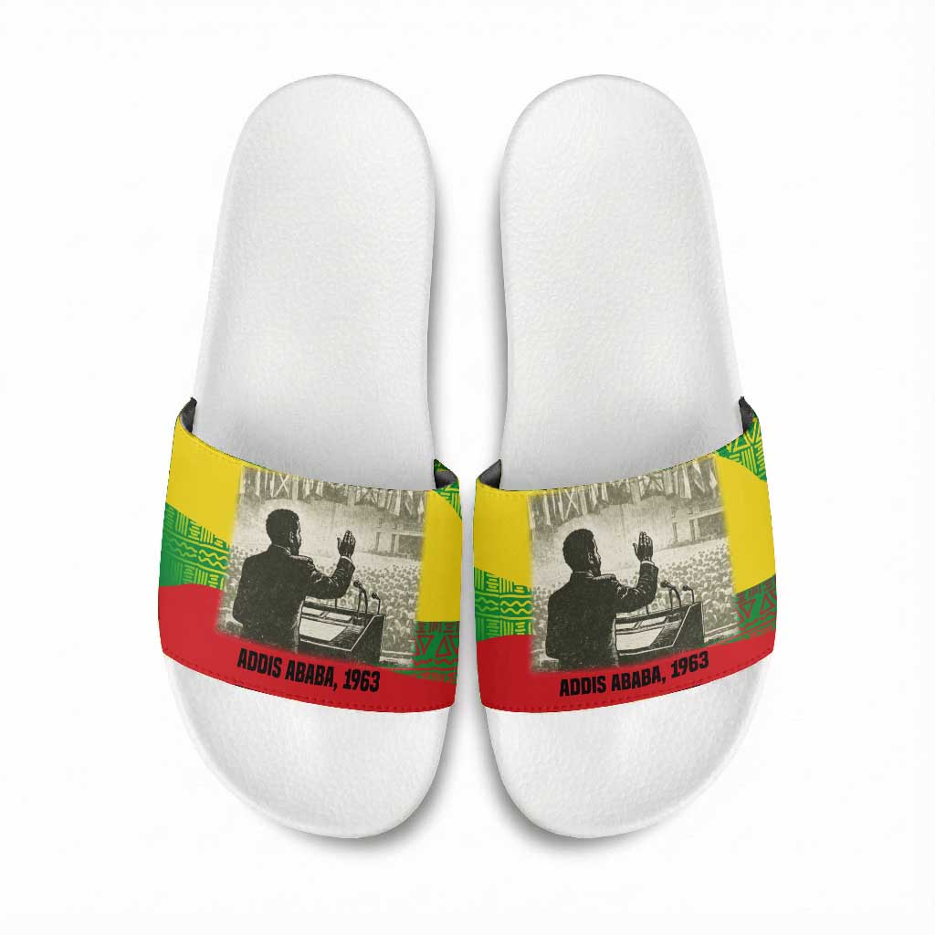 Ethiopia Haile Selassie I Slide Sandals with Addis Ababa 1963 Speech Quote Pan-African Flag Colors and Kente Pattern - African Pride