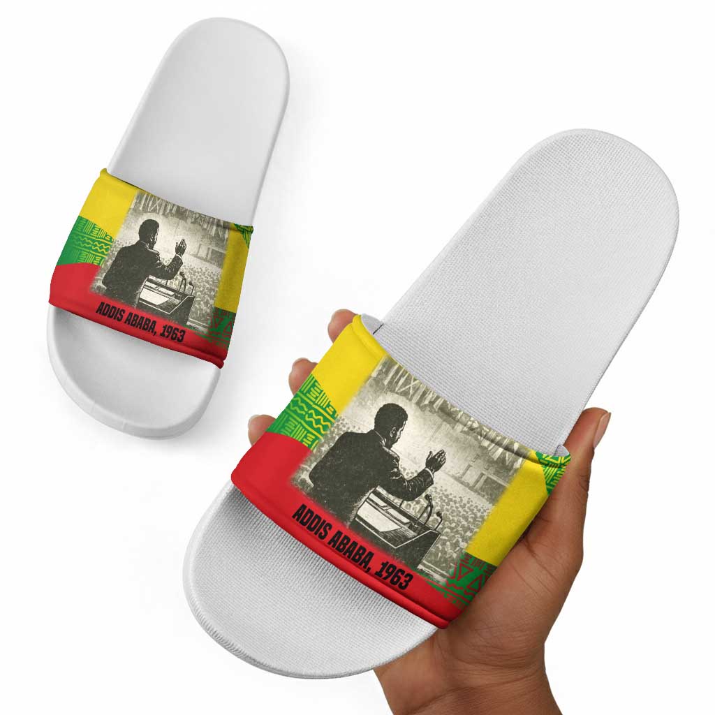 Ethiopia Haile Selassie I Slide Sandals with Addis Ababa 1963 Speech Quote Pan-African Flag Colors and Kente Pattern - African Pride